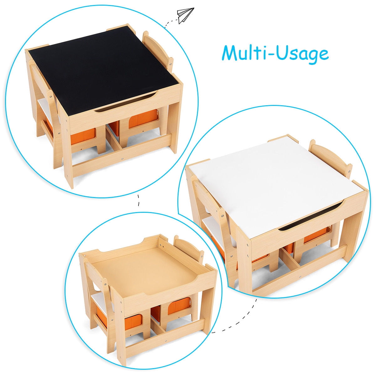 Gymax Children Kids Table Chairs Set W/ Storage Boxes Blackboard Whiteboard Drawing