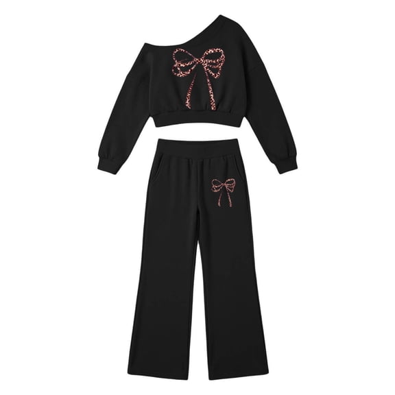 Kiijoy Girls Outfits Bow Off Shoulder Cropped Sweatshirt Pants Clothes Set, Sizes 5-14