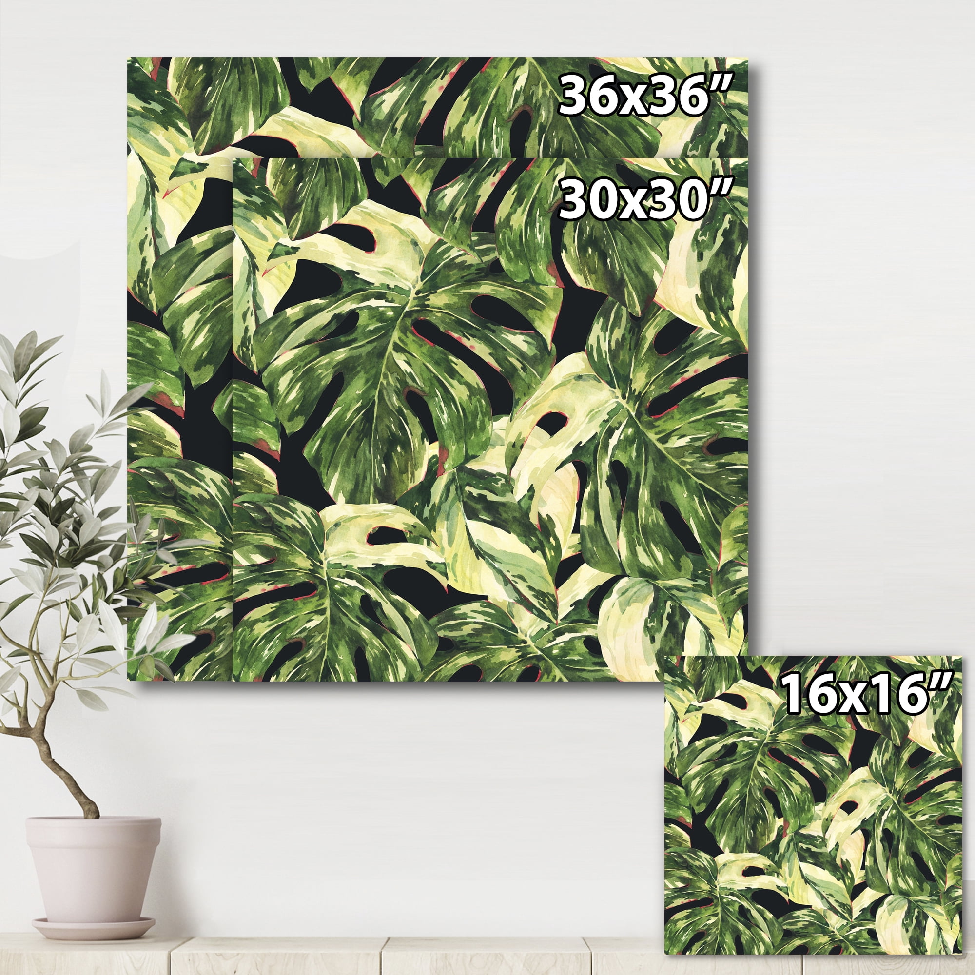 Natural Green Leaves Exotic On Dark II 16 in x 16 in Painting Canvas Art Print, by Designart