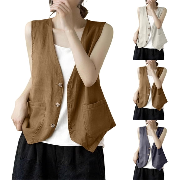 Endives Womens Cotton Linen Vest Casual Vest Top Outerwear Vest Stylish Short Vest Top Summer Khaki