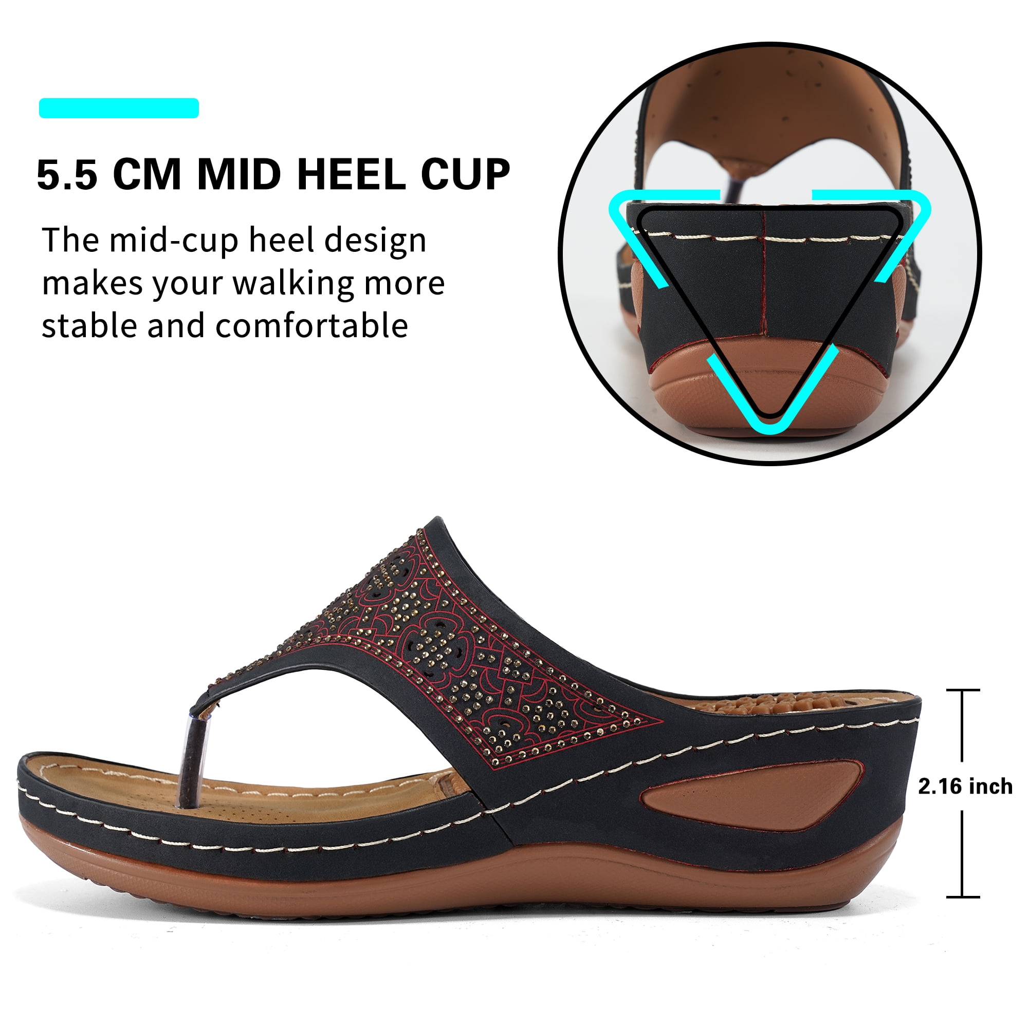 Womens Sandals Flip Flops for Women with Arch Support Cushion Summer Casual Rhinestone Wedge Sandal Shoes Massage Function