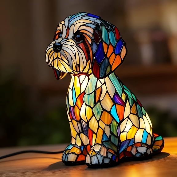 HIBIBUD Retro Stained Resin Dog Lamp,Rainbow Pup Lamp with Stained Glass,Dogs Series Art Night Light,Fun Gift for Dog Lover