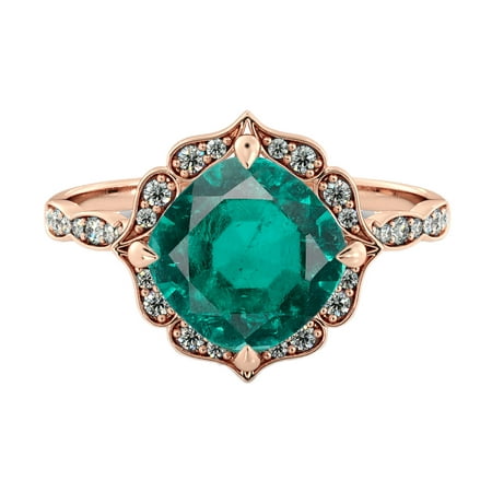 - 14K Rose Gold 3.25 ctw Lab Created Green Emerald Stone Ring with Diamonds Flower Leaves Halo