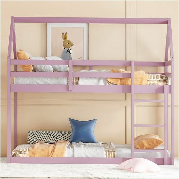 JERFIT Pink Twin over Twin Floor Bunk Bed with Ladder & Guardrails, Low Profile House Design, Solid Rubber Wood Frame for Space Saving
