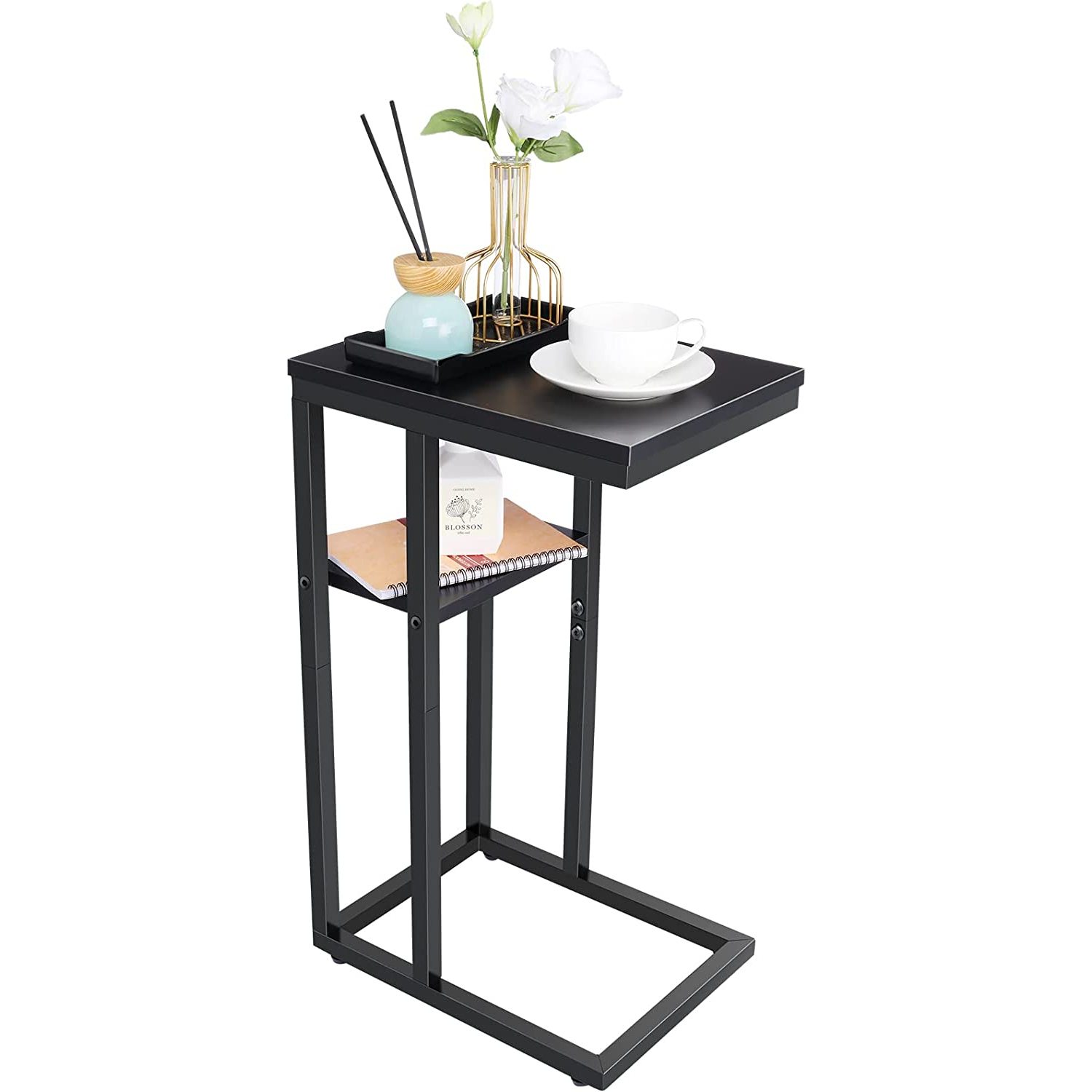 C Shaped End Table, Side Table for Sofa, Couch and Bed, Small Wooden C