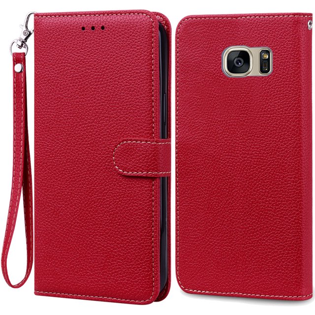 S7Edge Case For Samsung Galaxy S7 Case Leather Wallet On For Samsung S7 Edge Case Soft Flip Cover For Samsung S7 S 7 Edge Fundas Dark Red -Strap For Samsung S7 Edge