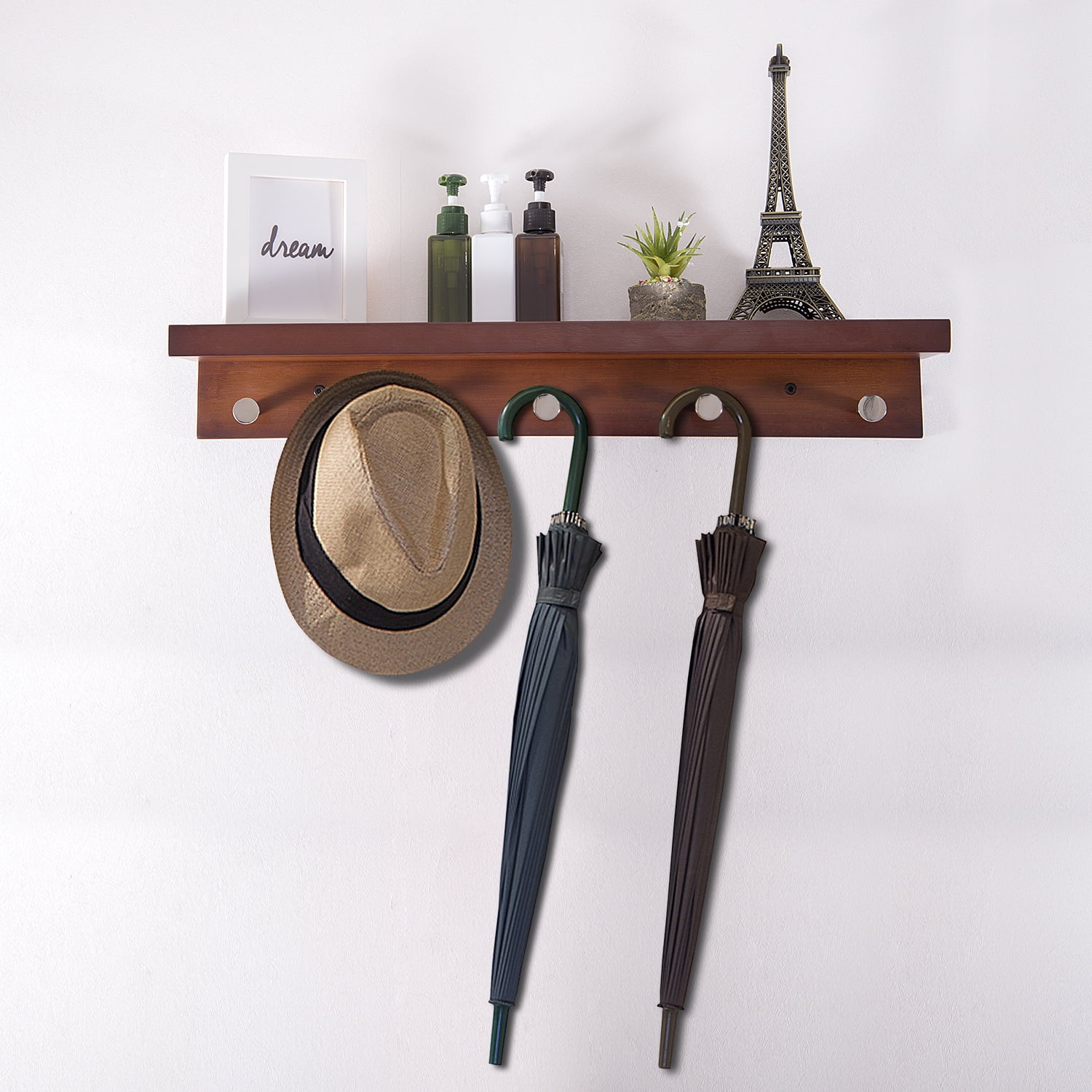 Mllieroo Bamboo Wall Mounted Hanging Shelf With Coat 5 Hooks Entryway Rack For Hallway Bathroom Living Room Bedroom