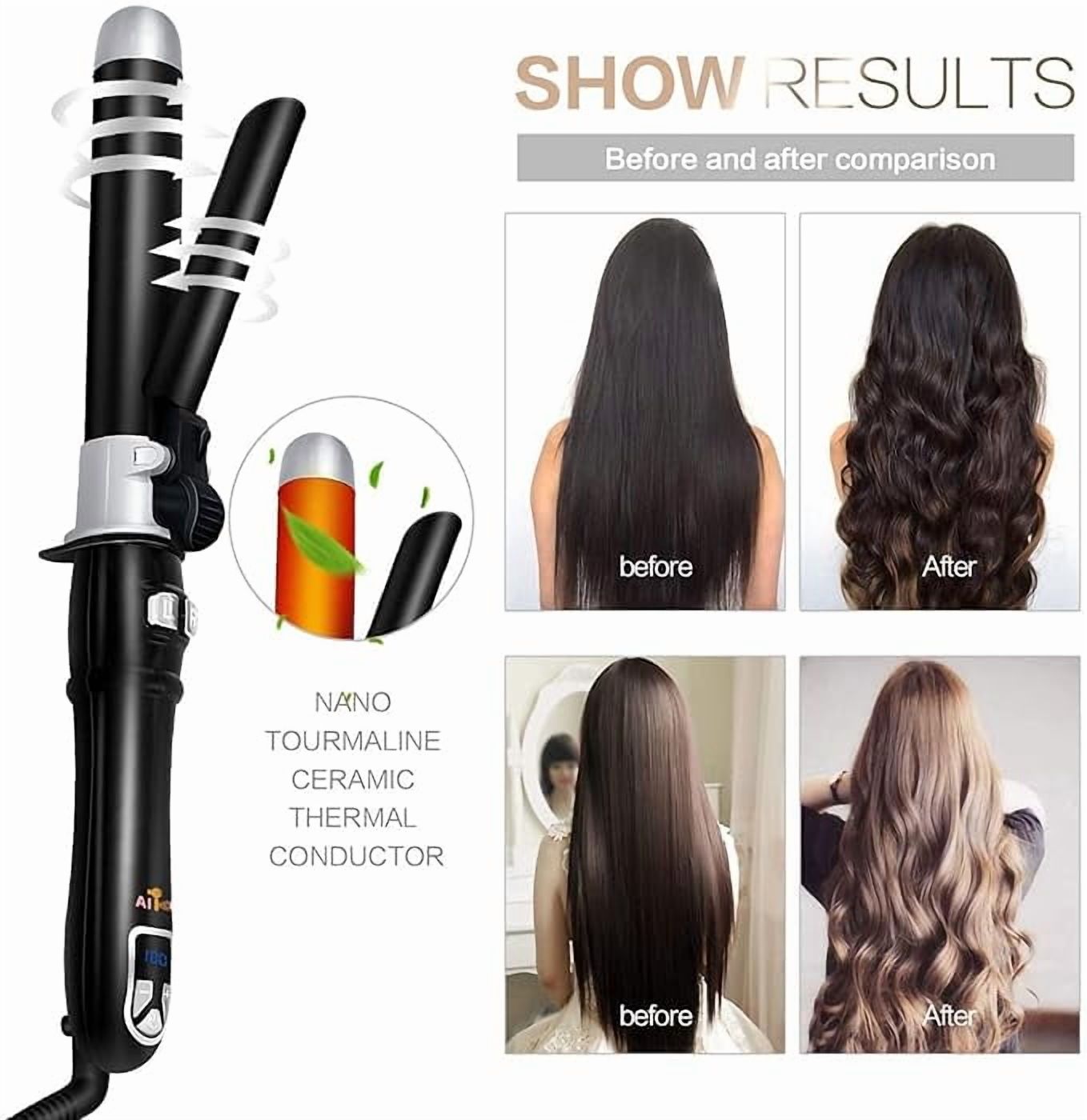 1'' Pro Auto Spin Hair Curler Ceramic Instant Heat Curling Wand, Wavy Rotating Iron with Adjustable Temps 210 degreeF - 450 degreeF, Anti-Scald & Dual Voltage, for All Types, Black, WT-108