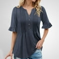 thumbnail image 2 of Hauaitttt A Fashionable Casual Loose V Neck Button Down Pleated Five Quarter Sleeve Solid Color T Shirt for Ladies Dark Shirt for Women Casual Short Sleeve Tops Women Shirt of Women Tunics for Women, 2 of 6