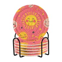 Yayeee 6 PCS Drink Coasters with Holder Set Woven Absorbent Round Tabletop Hot Pad, Happy Faces
