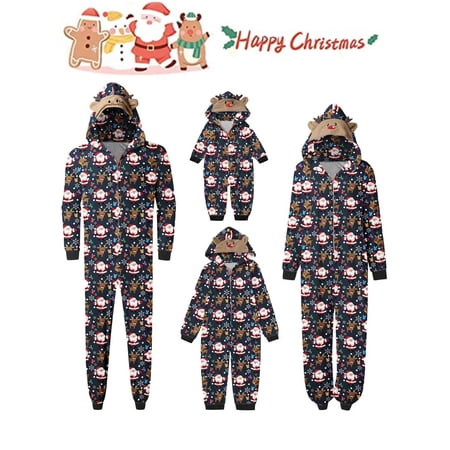

Sunisery Family Christmas Pjs Matching Sets Santa Print Jumpsuit Onesie with Hooded Christmas Pajamas for Family Holiday Xmas Sleepwear