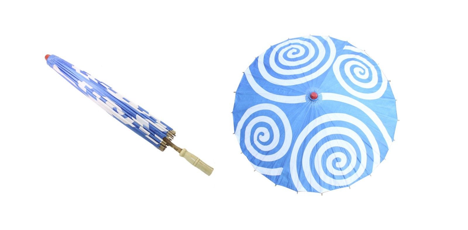 D13411 32" Paper Parasol Sky Blue Spiral Pattern Japanese Style Umbrella w/ Wood Handle