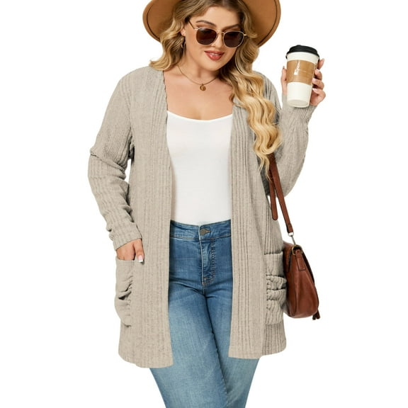 NISVIYA Women Plus Size Cardigans Dressy Casual Below Hip Length Cardigan Sweater Long Sleeves Open-Front Sweater with Pockets
