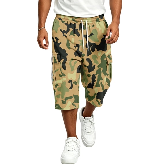 LTTVQM Men's Casual Athletic Capri Pants Classic Dark Realtree Camo Lightweight Woven Fabric Camping Travel Cropped Cargo Pants Light Green S