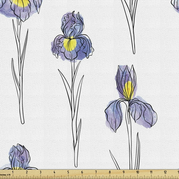 Botanical Sofa Upholstery Fabric by the Yard, Simplistic Pattern of Iris Flowers in Abstract Watercolor, Decorative Fabric for DIY & Home Accents, 3 Yards, Blue Violet Mustard by Ambesonne
