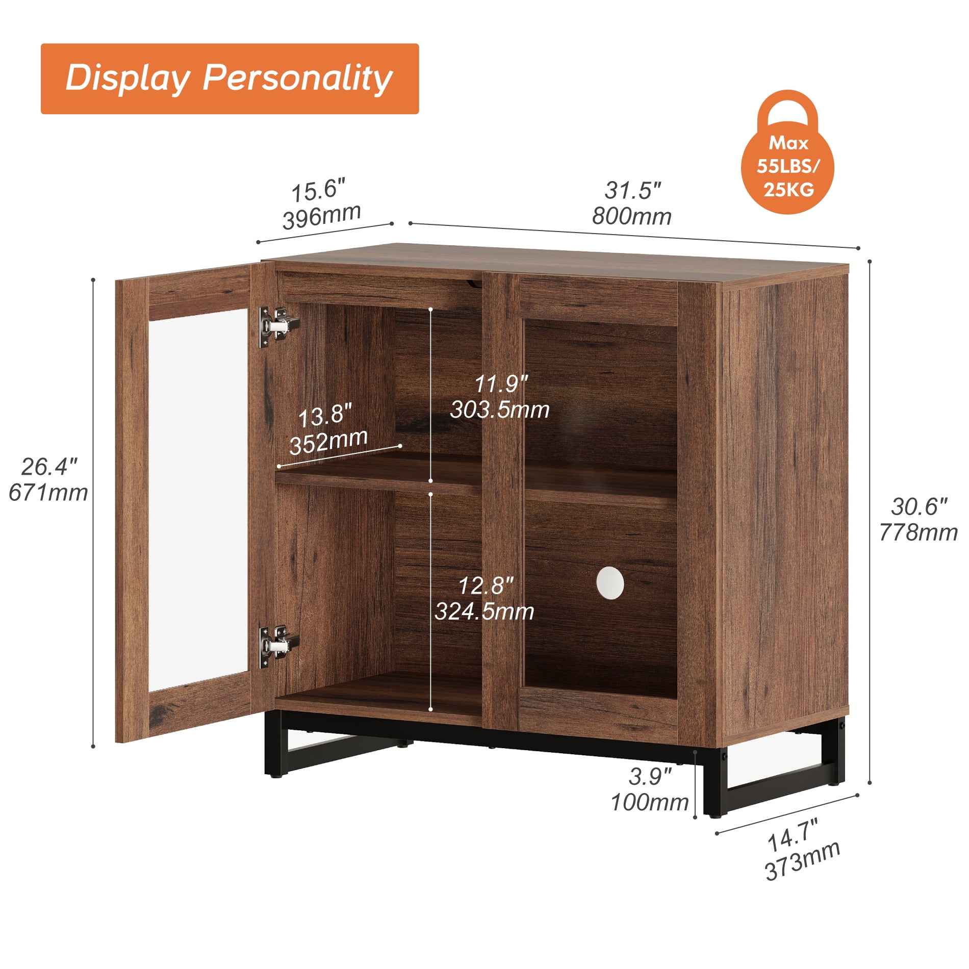 WAMPAT Modern TV Stand with Glass Doors for 32-40 inch TVs, Entertainment Center TV Console with Adjustable Shelves for Living Room, Bedroom, Brown
