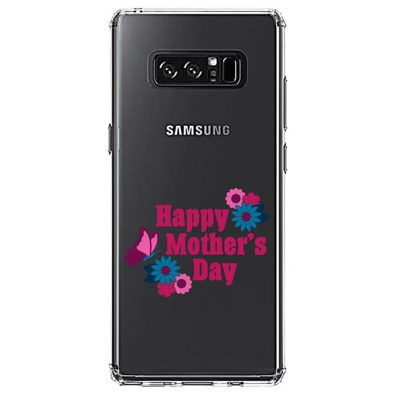 DistinctInk Clear Shockproof Hybrid Case for Samsung Galaxy Note 8 - TPU Bumper Acrylic Back Tempered Glass Screen Protector - Happy Mother's Day - Flowers Butterfly
