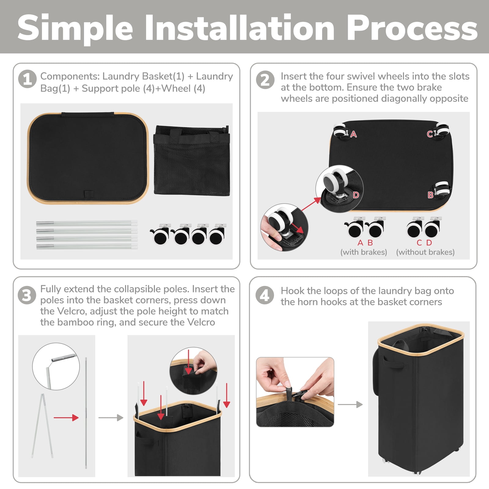 Slim Laundry Basket with Wheels,Freestanding Laundry Hamper with Lid&Bamboo Handles(75L Black)