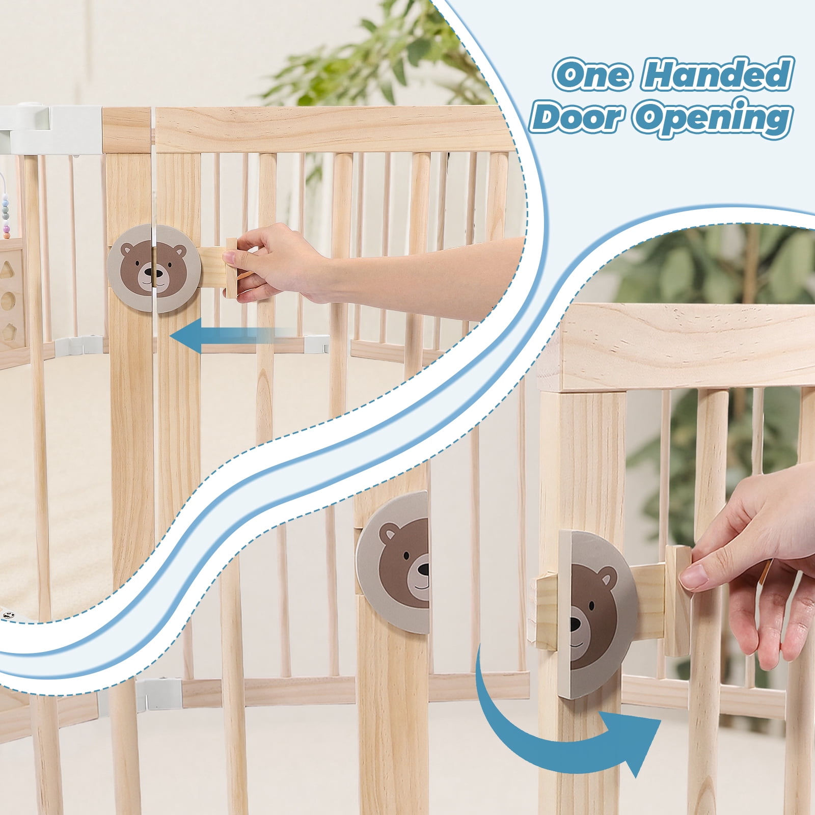 Wooden Baby Playpen with Mat, Activity Center with Gate and 2 Busy Board, Thickened Wood Adjustable Play Yard