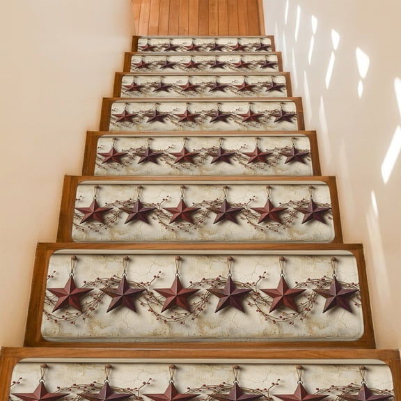 Vintage Red Stars Stair Treads Non Slip for Steps Berries Country Rustic Beige Farmhouse 10 Pcs Reusable Adhesive Stair Runner Mats for Dogs Elders Carpet Treads Rugs for Staircase 8x30 In
