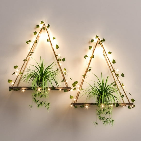 Artificial Ivy LED-Strip Wall Hanging Shelves Set of 2, Macrame Shelf for Bedroom Bathroom Living Room Kitchen, Wood Hanging Plant Shelves for Wall Décor