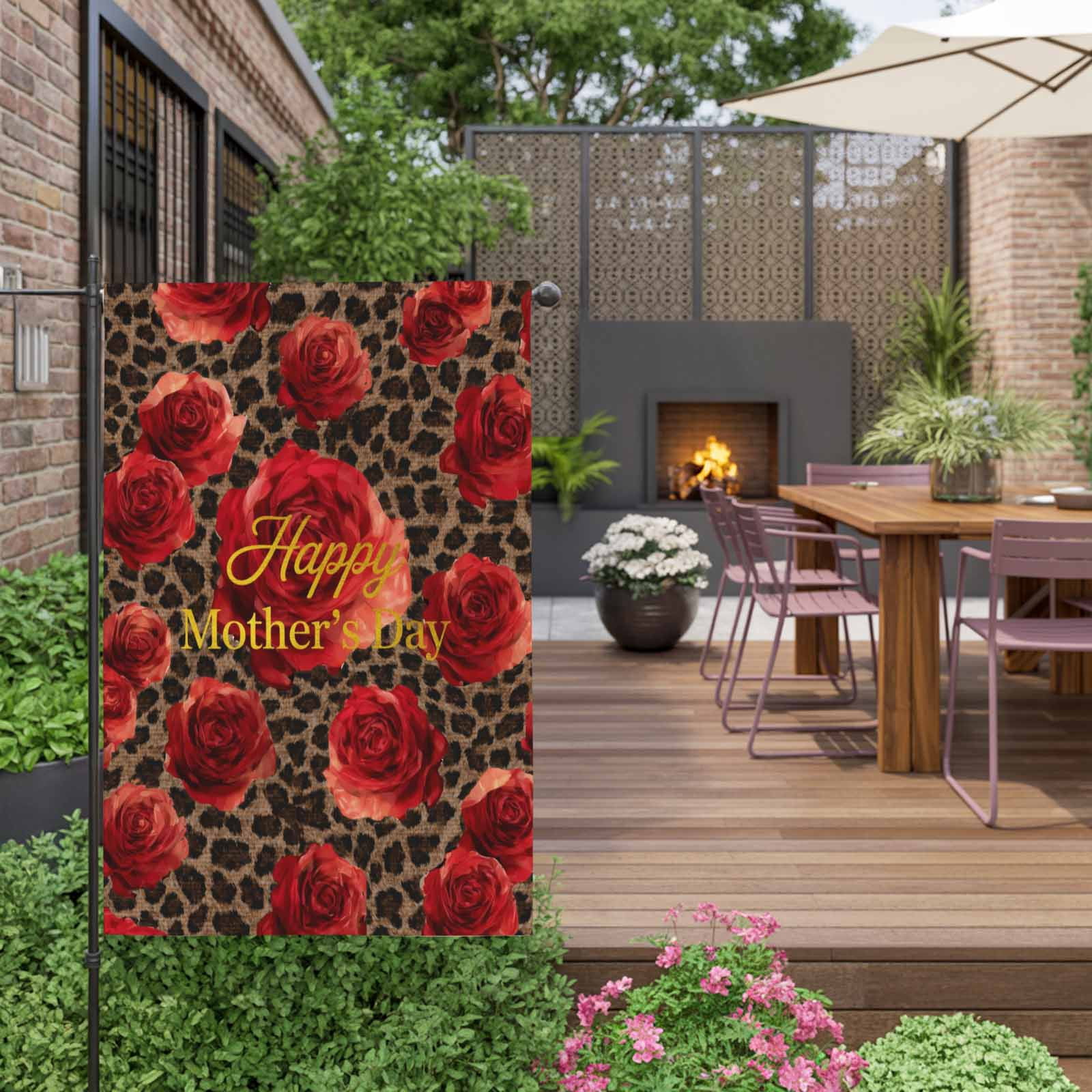Happy Mother's Day House Flag 28 x 40 Inches, Red Roses Romantic Flower Brown Leopard Weather Proof Outdoor Patio Flags Double Sided Small House Decoration for Yard Lawn Outside Home