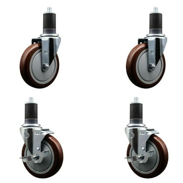 5 Inch SS Maroon Poly Wheel Swivel 1-5/8 Inch Expanding Stem Caster Set 2 Brakes