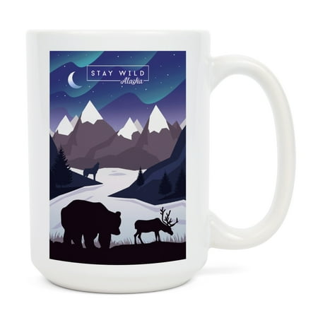 

15 fl oz Ceramic Mug Alaska Northern Lights Night Scene Stay Wild Bear and Mountain Silhouette Dishwasher & Microwave Safe