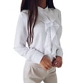 thumbnail image 5 of Women Ruffle Stitching Stand Collar Long Sleeve Button Chiffon Blouse Top, 5 of 5