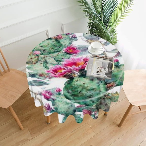 RKSupls 60 Inch Round Tablecloth, Cactus Flower Watercolor Premium Polyester Straight Edge Wrinkle Resistant Washable Table Cover for Party Home Dining Decor