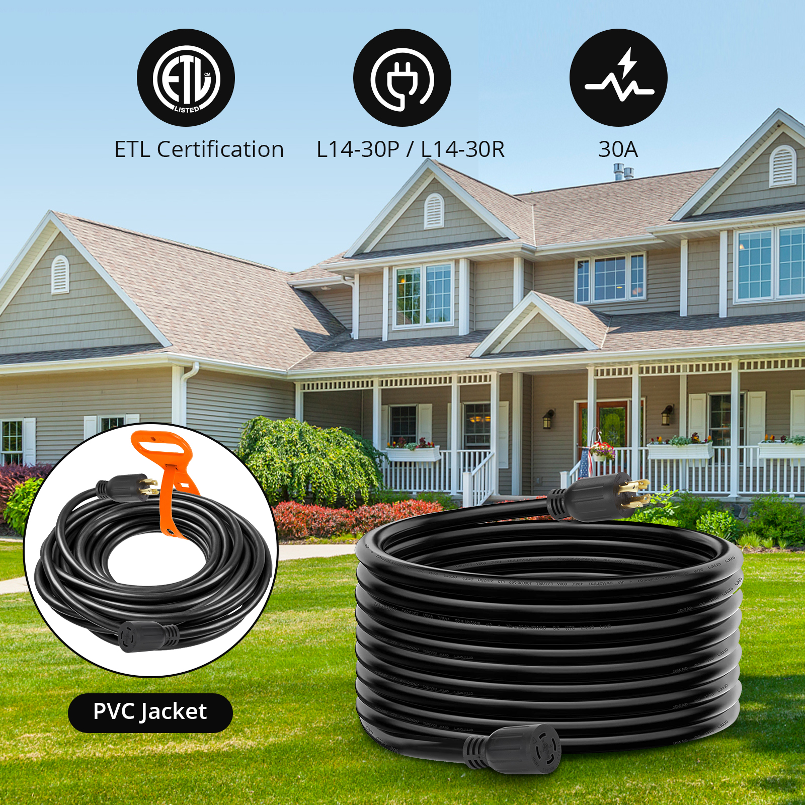 Garvee 15FT 30 Amp Generator Extension Cord, L14-30P to L14-30R Connector, 10 Gauge STW Cable for RV Power Transfer, 125/250V 7500W ETL Listed
