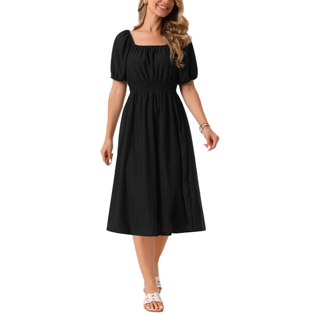 INSPIRE CHIC Vestidos de Ojal para Mujeres con Cuello Cuadrado, Manga Corta Abullonada, Casual, Corte A, Vestido Midi de Verano, S Negro