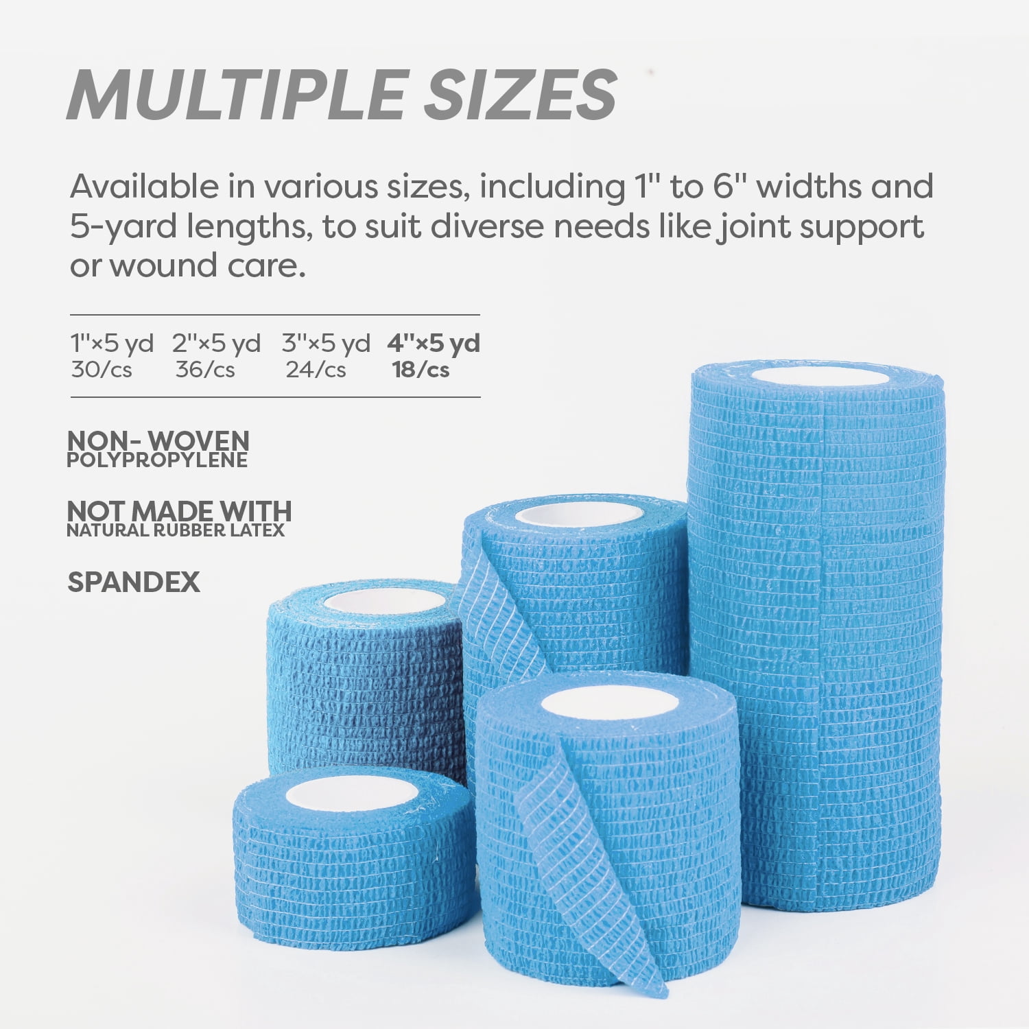 Dynarex Sensi-Wrap Self-Adhesive Bandages, 18-Pack, 4" x 5 yards, Light Blue, Latex-Free, Colored Elastic Cohesive Athletic Tape, Tattoo Grip & Vet Wrap