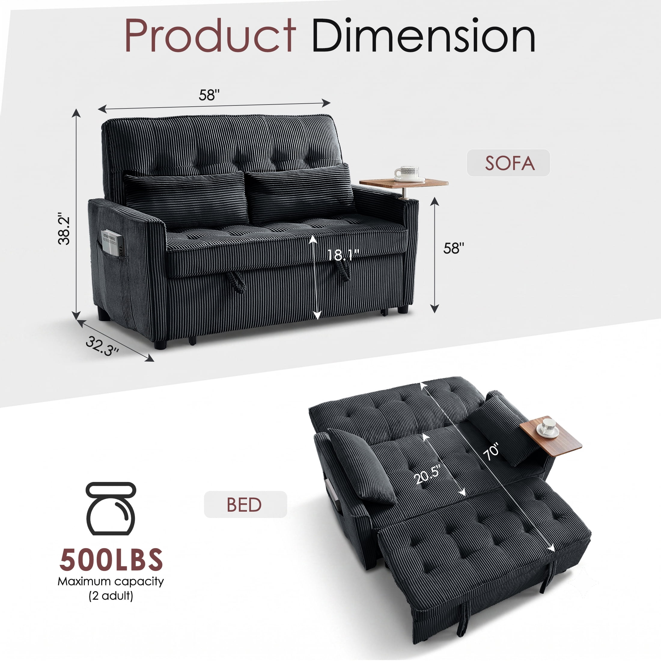 avobird 54'' 3 in 1 Pull Out Sofa Bed, Convertible Couch with Adjustable Backrest/Side Pockets/USB Charging Ports, Sleeper Sofa with small table for Living Room, Black