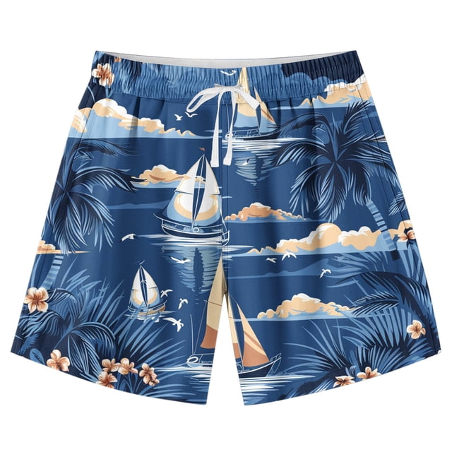 Swim Shorts for Kids , Adjustable Waist with Elastic Band and Drawstring , Polyester-Spandex Blend , Breathable Summer Beach Wear , for Boys and Girls , Hawaiian Print