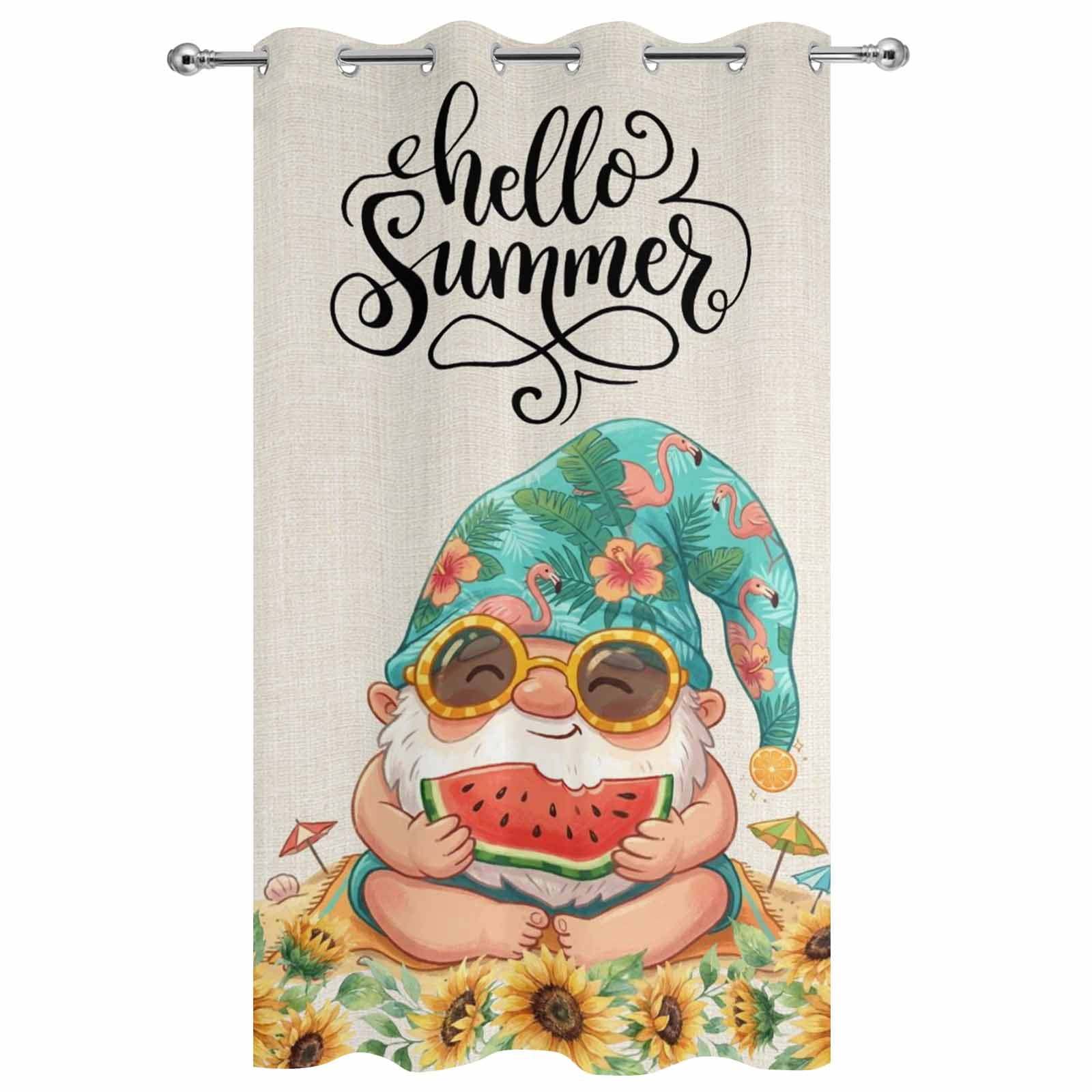 Hello Summer Outdoor Curtains for Patio Waterproof, Grommet Outdoor Privacy Panels, Cute Gnomes Watermolen Sunflowers Tropical Plants Weatherproof Outside Curtains for Porch 54"Wx108"L, 1 Panel