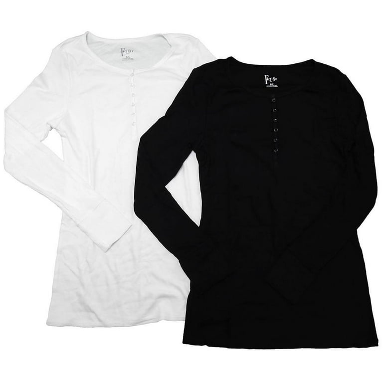 Tee Womens Felina size Henley Rib-Knit 8-10 Fashion Black/White Shirt Long Sale Designer 2PK M Sleeve Top