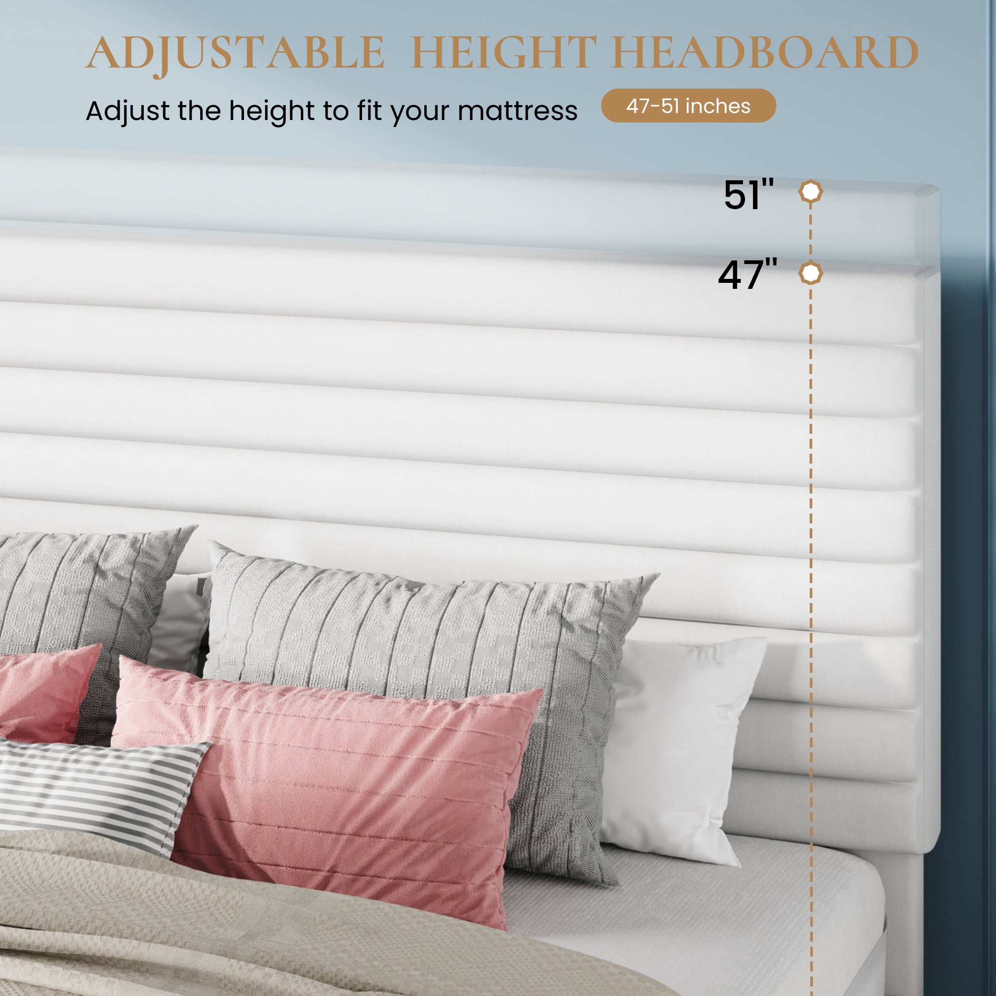 Sha Cerlin Queen Size Platform Bed Frame with Velvet Adjustable Headboard, No Box Spring Needed, White