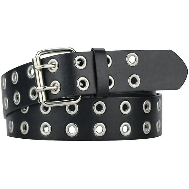 Grommet Leather Belts For Women, Black Belt Women Men With Studded Holes$double Grommet Belt Pu Leather Punk Aesthetic Belt For Women Jeans$double Gro
