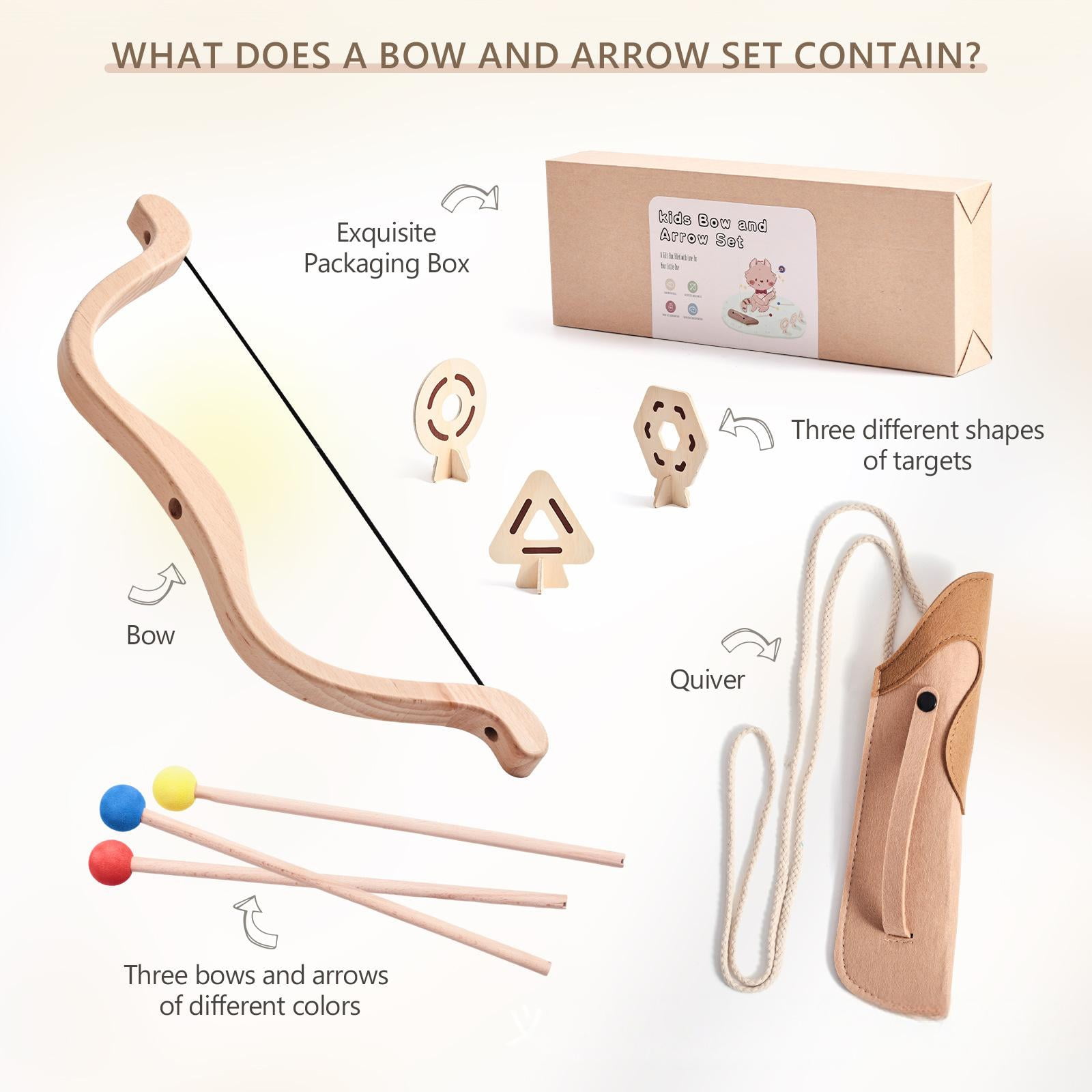 Wooden Bow and Arrow Toy Set, Safe Suction Cup Archery Shooting Game for Kids, Outdoor Sports Educational Birthday Gift
