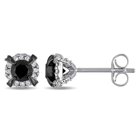 1 Carat T.W. Black and White Diamond 10kt White Gold Halo Earrings