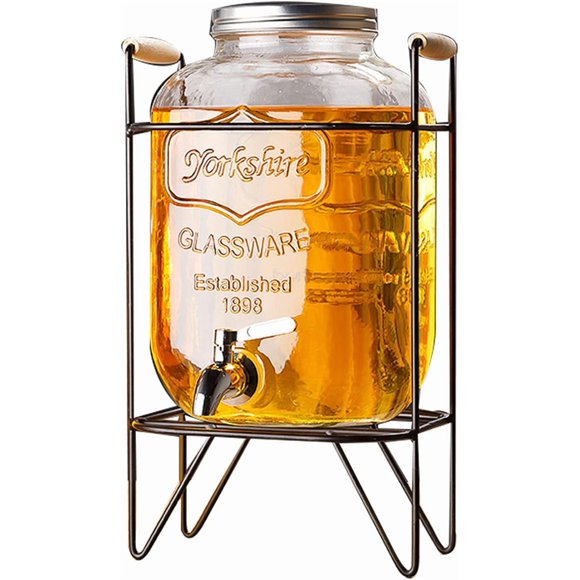 5L Transparent Lead-Free Glass Beverage Dispenser with 304 Stainless Steel Anti-Blocking Tap, Iron Flower Stand with Handles, Detachable Sealed Lid & Wide Mouth - Ideal for Punch, Beer, Iced Tea,