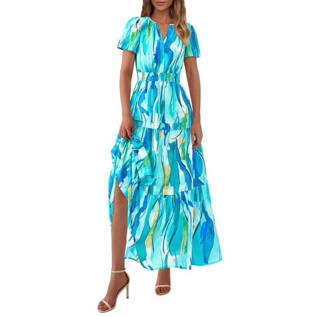 Vestido largo PRETTYGARDEN para mujer, estilo bohemio, floral, azul
