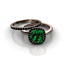2.25 Carat 7x5mm Emerald And Black Moissanite Diamond Halo Bridal Set in 10k Rose Gold