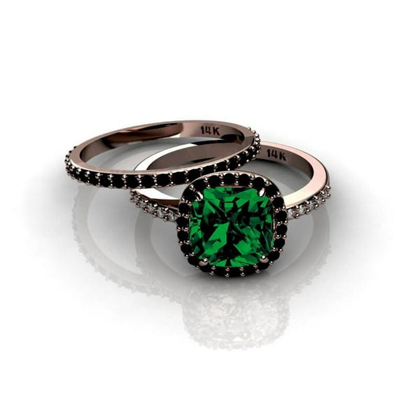 2.25 Carat 7x5mm Emerald And Black Moissanite Diamond Halo Bridal Set in 10k Rose Gold