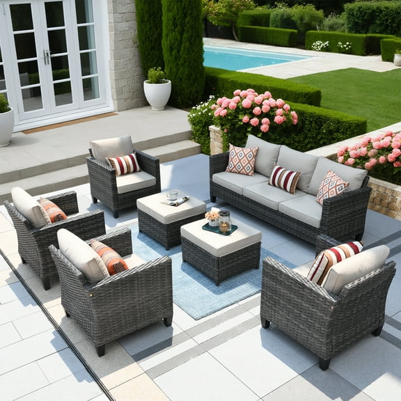 Ovios 7 Pieces Patio Furniture Set All-Weather Wicker Rattan Conversation Set Outdoor Sectional with Cushions for Backyard,Beige