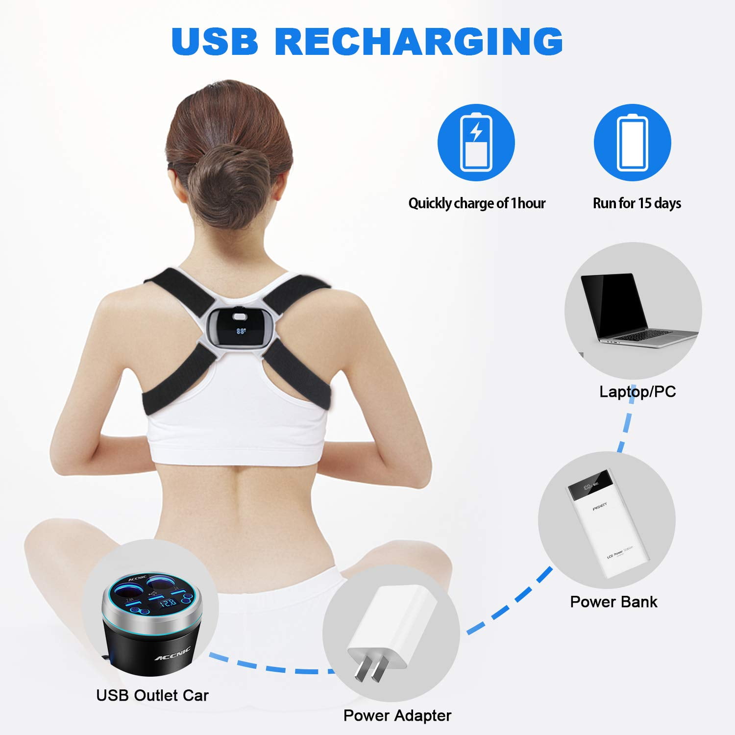 Correcteur de Posture pour les Femmes et les Enfants avec Capteur Intelligent Rappel de Vibration Redresseur de Corset de Dos Reglable Rappel de Posture Intelligente et Entraineur de Correction a Boss...