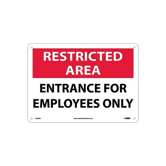 National Marker Notice Signs; Restricted Area Entrance For Employees Only 10X14 .040 Aluminum RA9AB