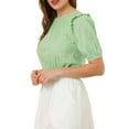 thumbnail image 4 of MODA NOVA Junior's Puff Shoulder Collarless Ruffle Keyhole Back Short Sleeve Blouse Green S, 4 of 5