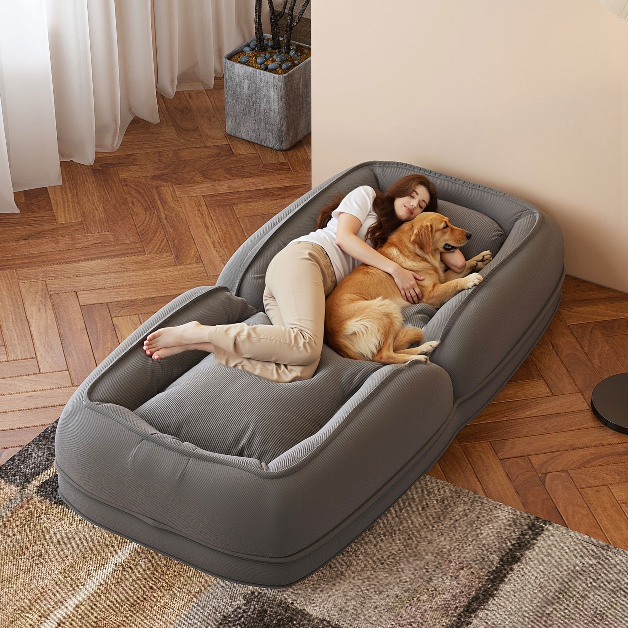 Miniyam Adjustable Folding Floor Chair Convertible Sofa Bed in Corduroy for Living Room Bedroom, Gray